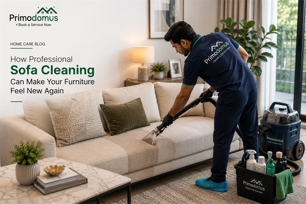 Expert sofa cleaning technician deep cleaning a fabric sofa using professional equipment
